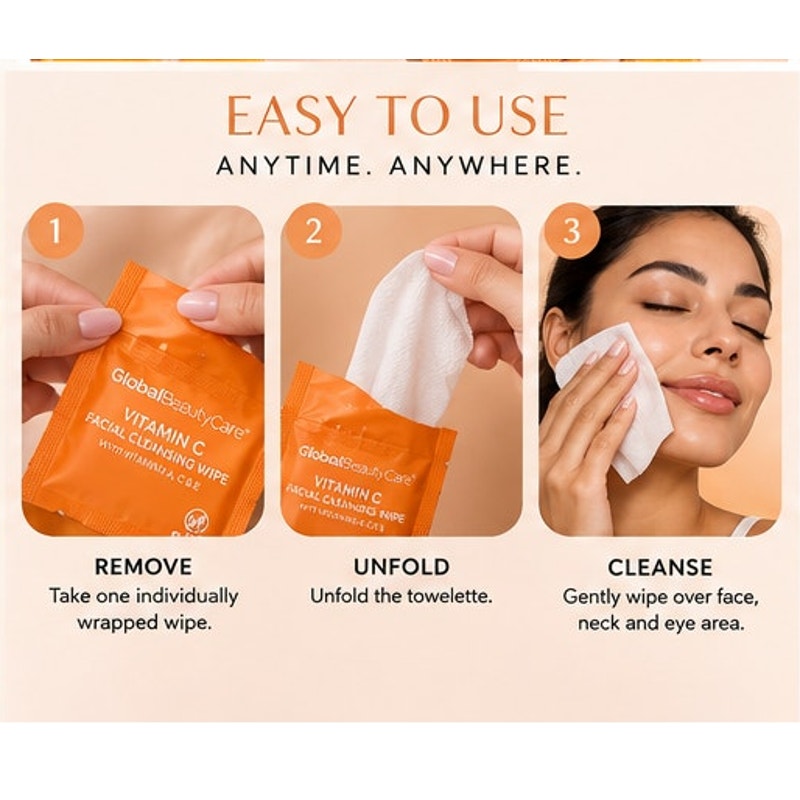 Global Beauty Care Vitamin C Facial Cleansing Wipes A C & E Individually Wrapped