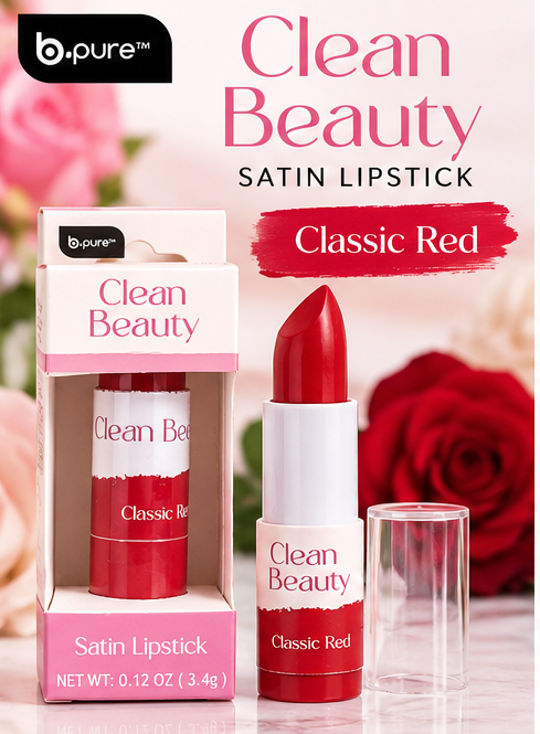 b.pure Clean Beauty Satin Lipstick Classic Red Vegan 0.12 oz