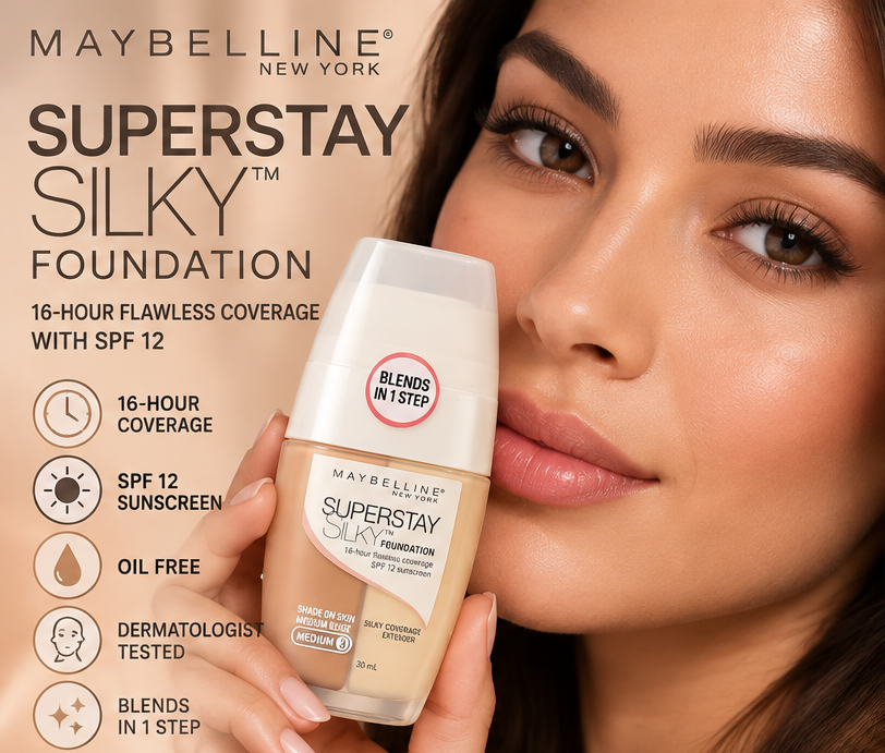 Maybelline New York - Superstay Silky Foundation - Honey Beige/Medium 3 Shade - 1 fl oz