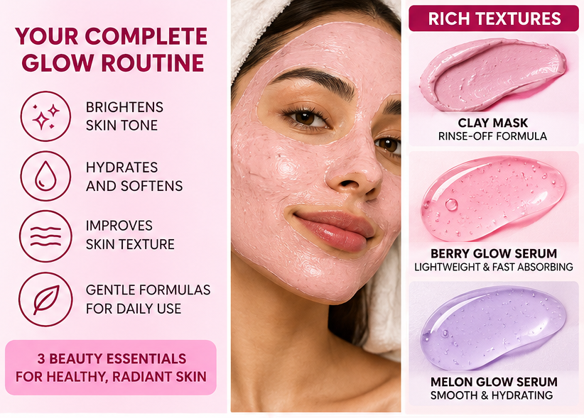 3-Piece Skincare Set Super Berry Clay Mask & 2 Body Face Serums
