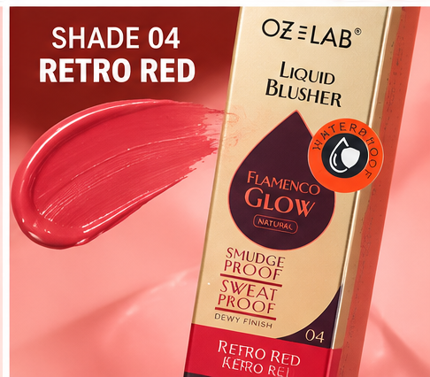 OZ LAB Flamenco Glow Liquid Blusher 04 Retro Red – Waterproof, Smudge & Sweat Proof Dewy Finish Blush 6 mL