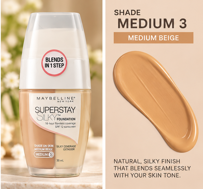 Maybelline New York - Superstay Silky Foundation - Honey Beige/Medium 3 Shade - 1 fl oz