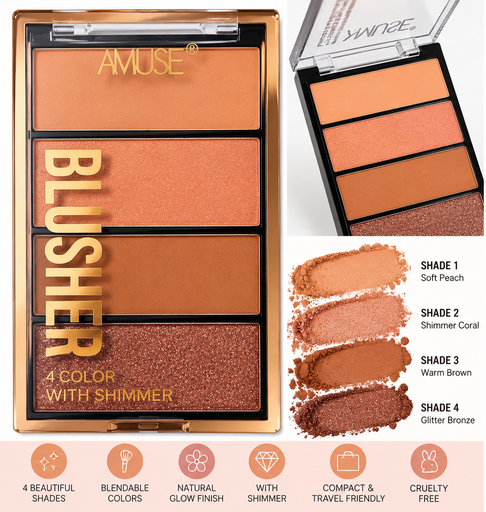 AMUSE 4 Color Blush Palette – Warm Tone Face Blusher Makeup, 0.3 oz / 8.4 g