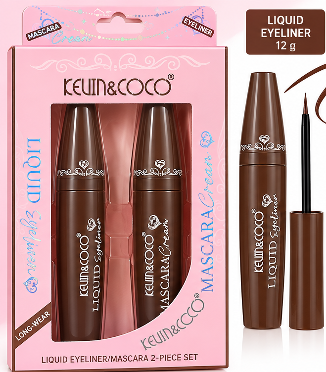 KEVIN&COCO Liquid Eyeliner & Mascara 2-Piece Eye Makeup Set – Brown #B