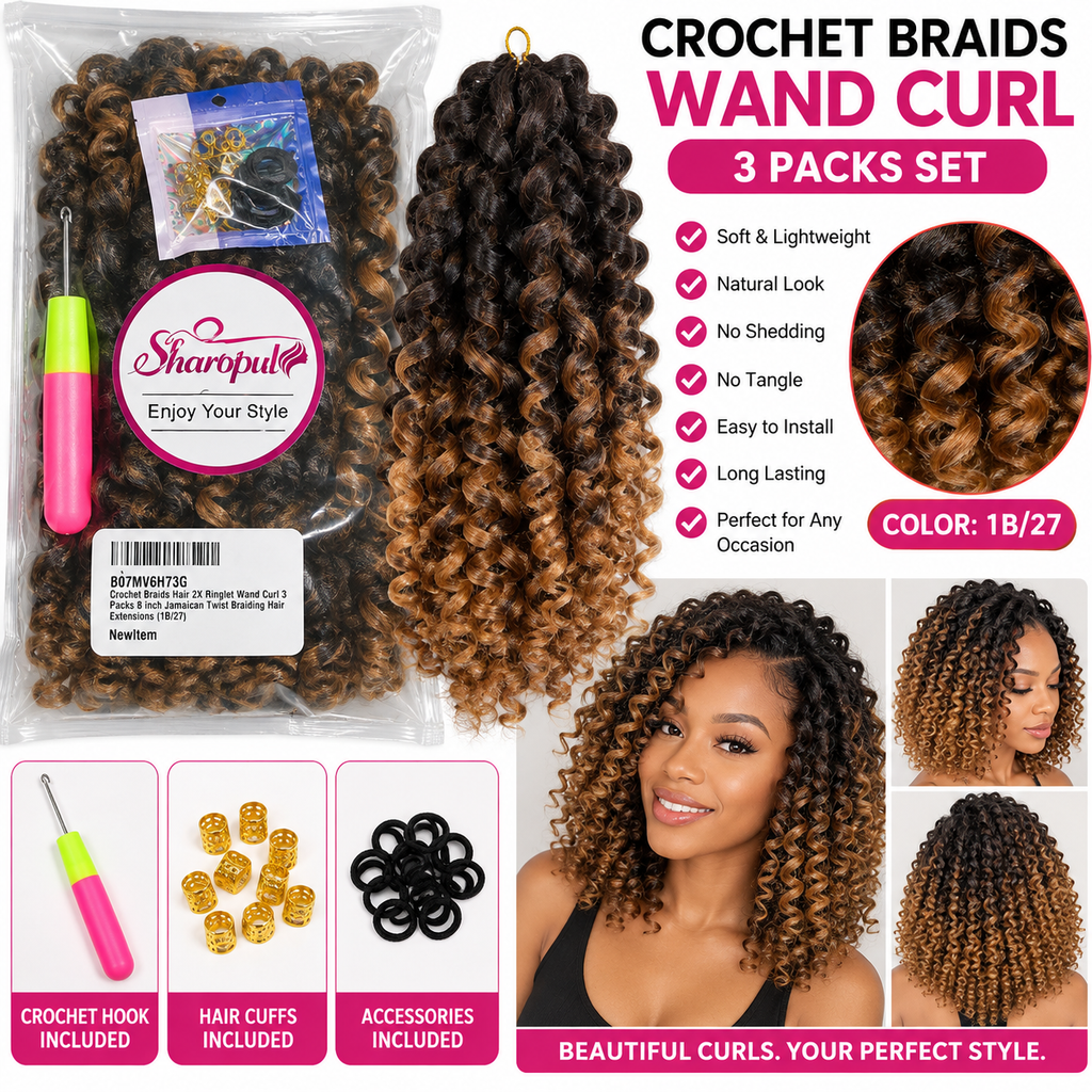 Wand Curl Crochet Braids Hair 8 Inch 3 Packs 1B/27 Pre-Looped Curly