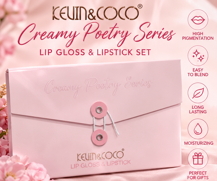 KEVIN&COCO Creamy Poetry Series Lip Gloss & Lipstick Set – 6 Piece Makeup Lip Kit, High Pigmentation, Easy to Blend