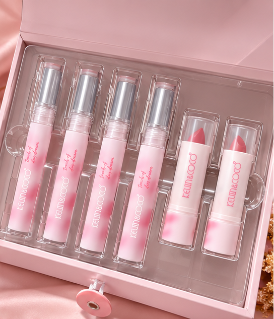 KEVIN&COCO Creamy Poetry Series Lip Gloss & Lipstick Set – 6 Piece Makeup Lip Kit, High Pigmentation, Easy to Blend