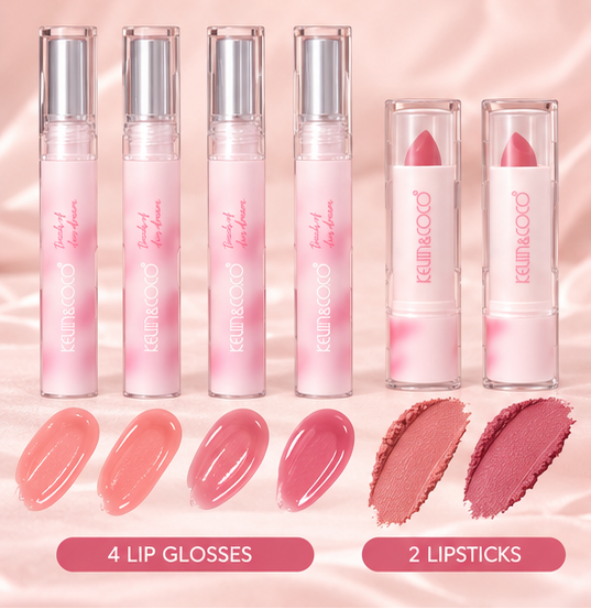 KEVIN&COCO Creamy Poetry Series Lip Gloss & Lipstick Set – 6 Piece Makeup Lip Kit, High Pigmentation, Easy to Blend
