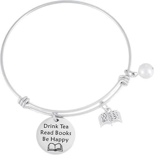 Drink Tea Read Books Be Happy Charm Bracelet Silver Tone Book Lover Gift STAINLESS STEEL