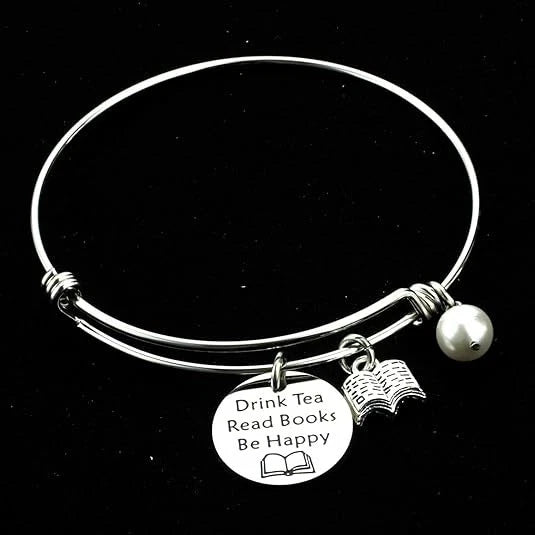 Drink Tea Read Books Be Happy Charm Bracelet Silver Tone Book Lover Gift STAINLESS STEEL